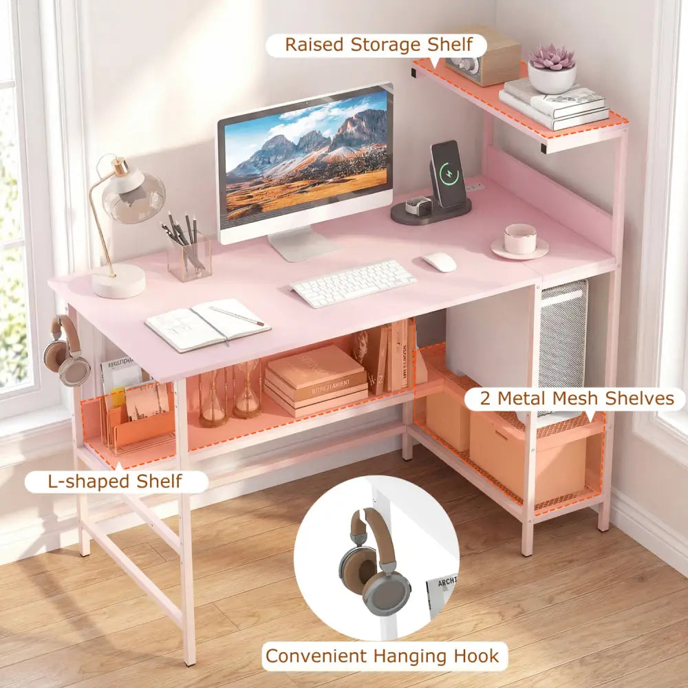 48 Inch Computer Desk with Power Outlets and Storage Shelves-Pink - Pink - Computer Desks