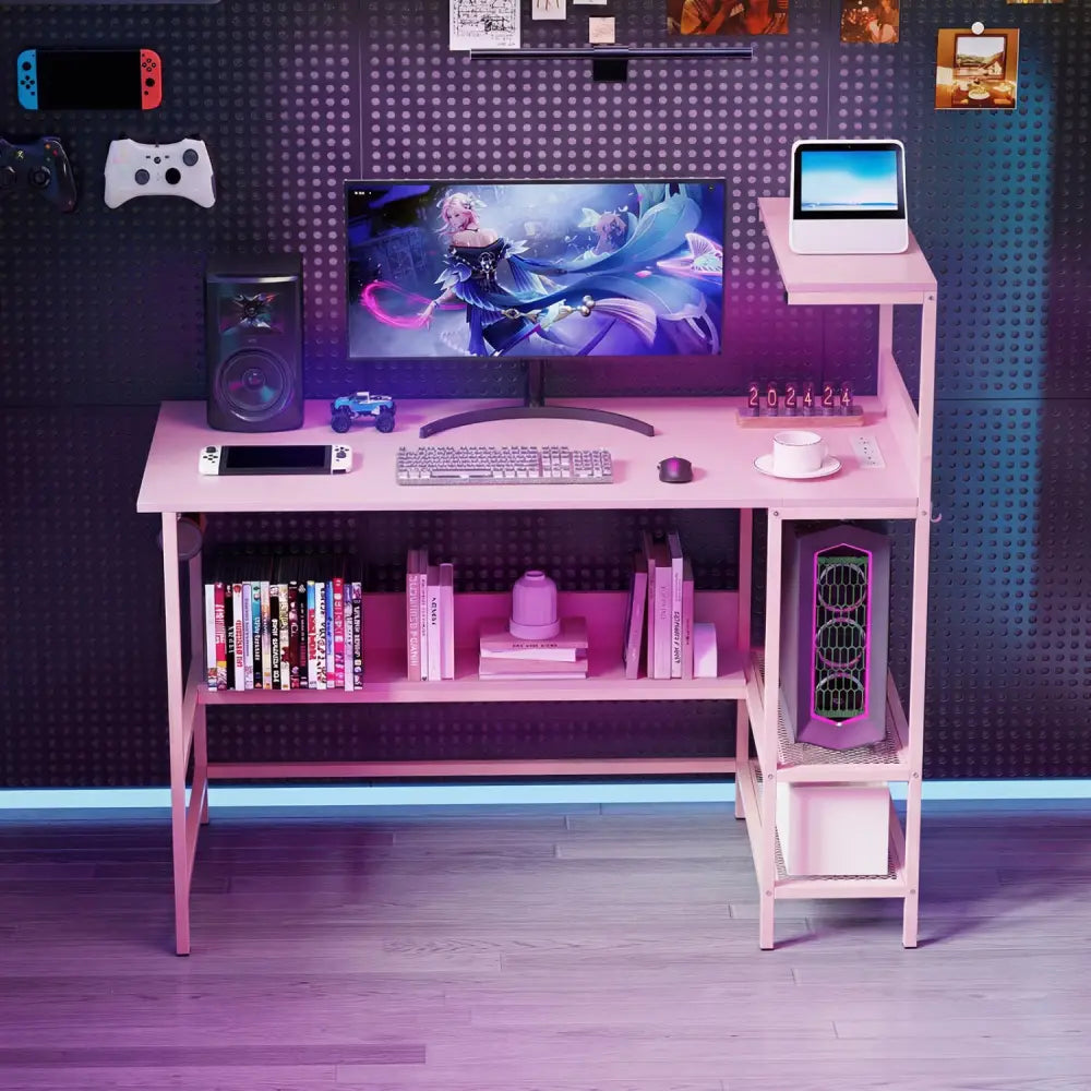 48 Inch Computer Desk with Power Outlets and Storage Shelves-Pink - Pink - Computer Desks