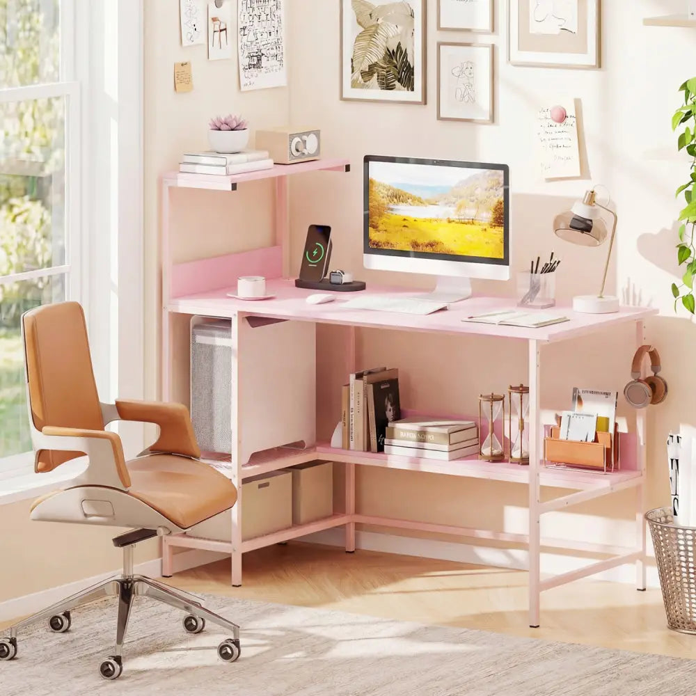 48 Inch Computer Desk with Power Outlets and Storage Shelves-Pink - Pink - Computer Desks