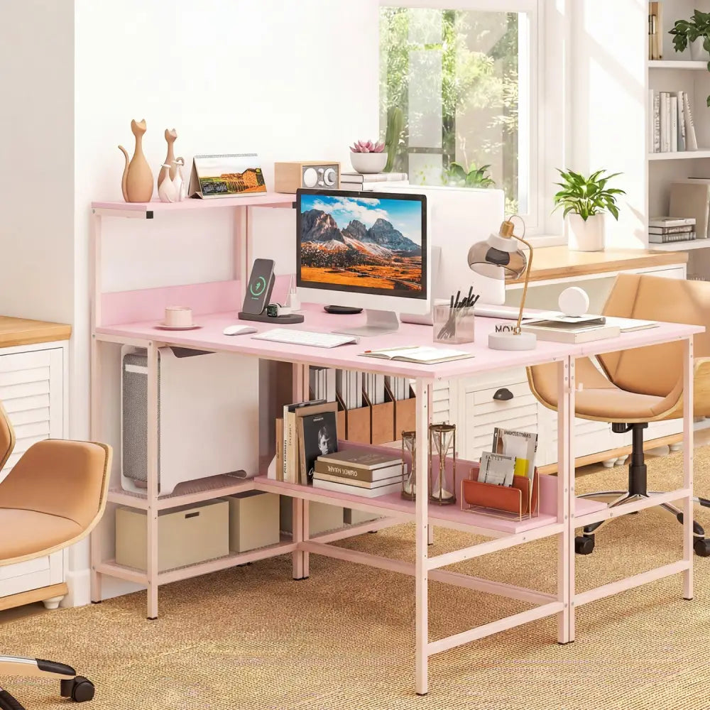 48 Inch Computer Desk with Power Outlets and Storage Shelves-Pink - Pink - Computer Desks