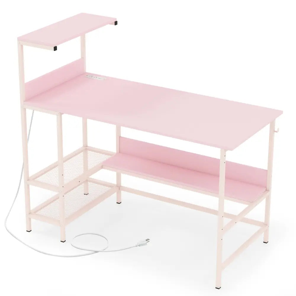 48 Inch Computer Desk with Power Outlets and Storage Shelves-Pink - Pink - Computer Desks