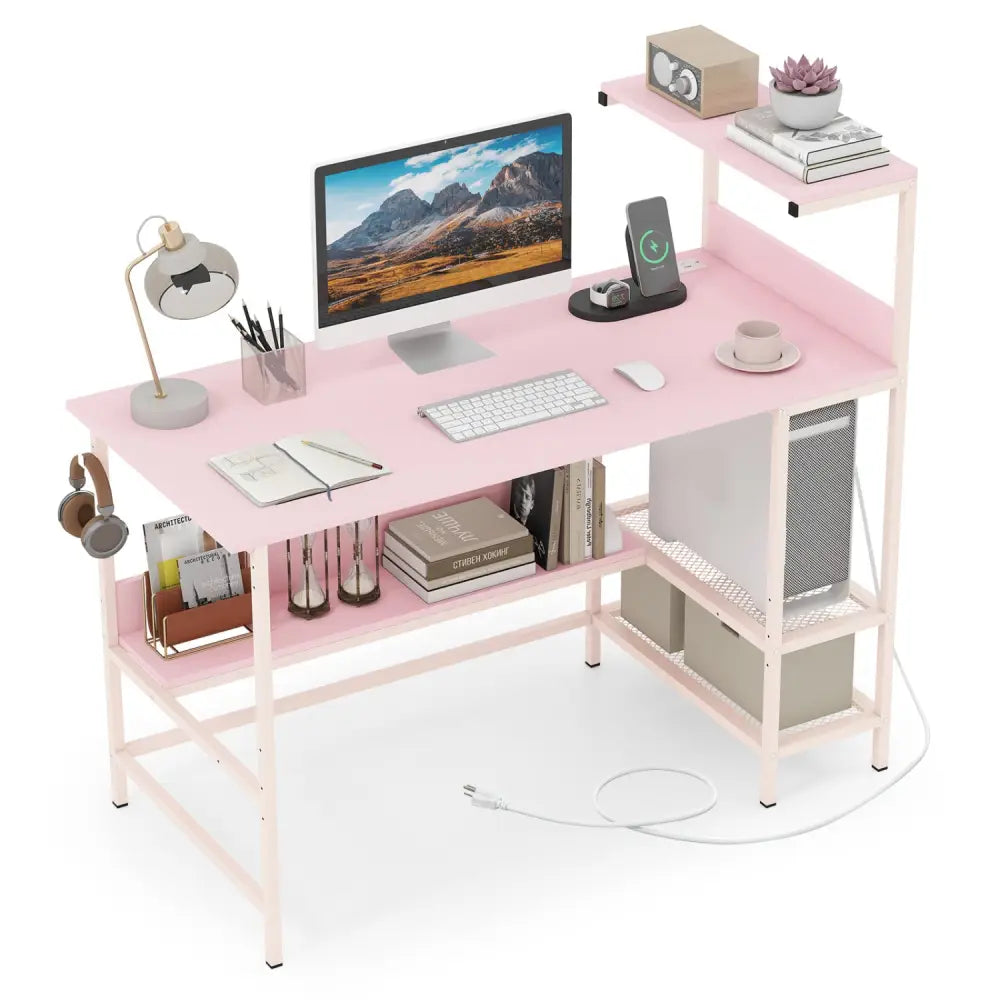 48 Inch Computer Desk with Power Outlets and Storage Shelves-Pink - Pink - Computer Desks