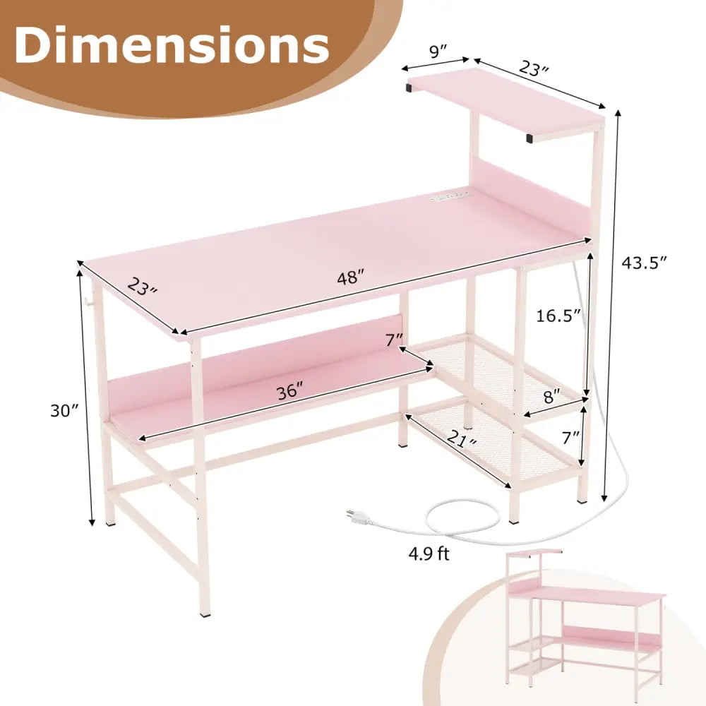 48 Inch Computer Desk with Power Outlets and Storage Shelves-Pink - Pink - Computer Desks