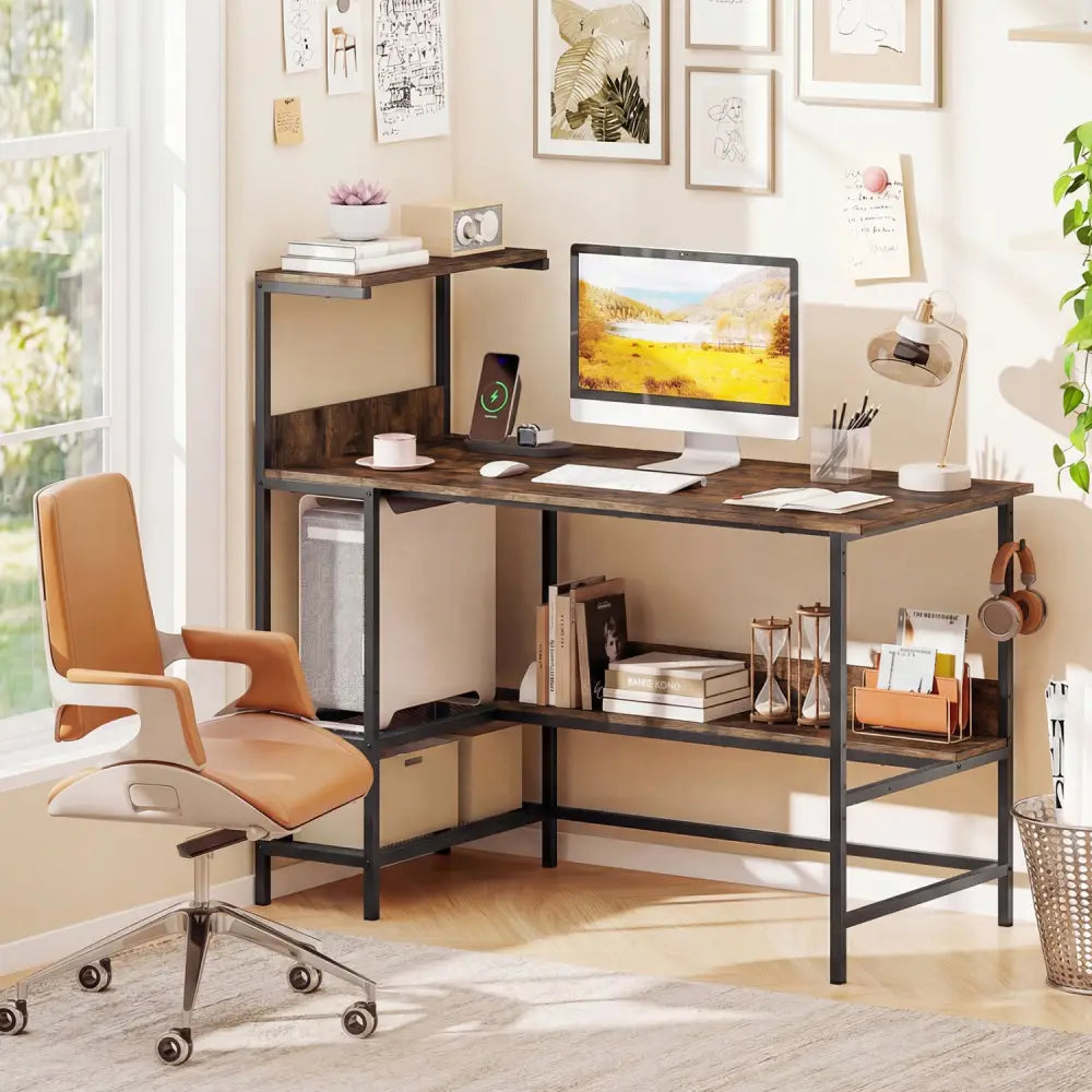 48 Inch Computer Desk with Power Outlets and Storage Shelves-Rustic Brown - Rustic Brown - Computer Desks