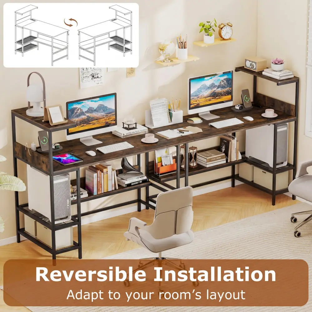 48 Inch Computer Desk with Power Outlets and Storage Shelves-Rustic Brown - Rustic Brown - Computer Desks