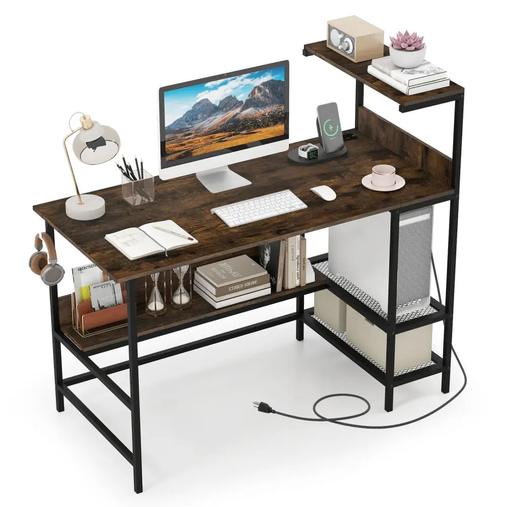 48 Inch Computer Desk with Power Outlets and Storage Shelves-Rustic Brown - Rustic Brown - Computer Desks