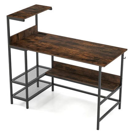 48 Inch Computer Desk with Power Outlets and Storage Shelves-Rustic Brown Costway