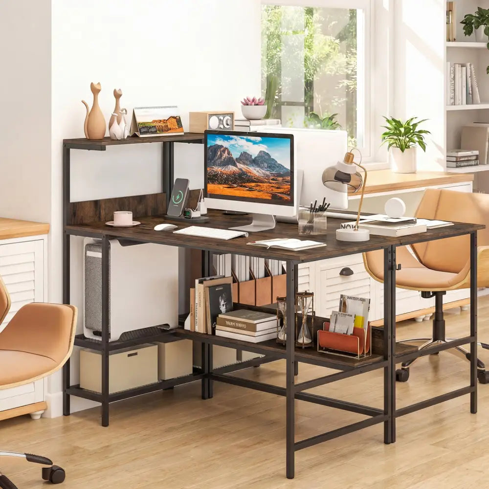48 Inch Computer Desk with Power Outlets and Storage Shelves-Rustic Brown - Rustic Brown - Computer Desks