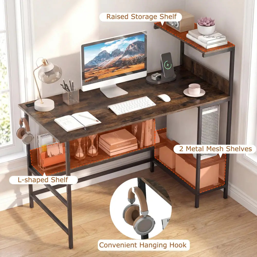 48 Inch Computer Desk with Power Outlets and Storage Shelves-Rustic Brown - Rustic Brown - Computer Desks