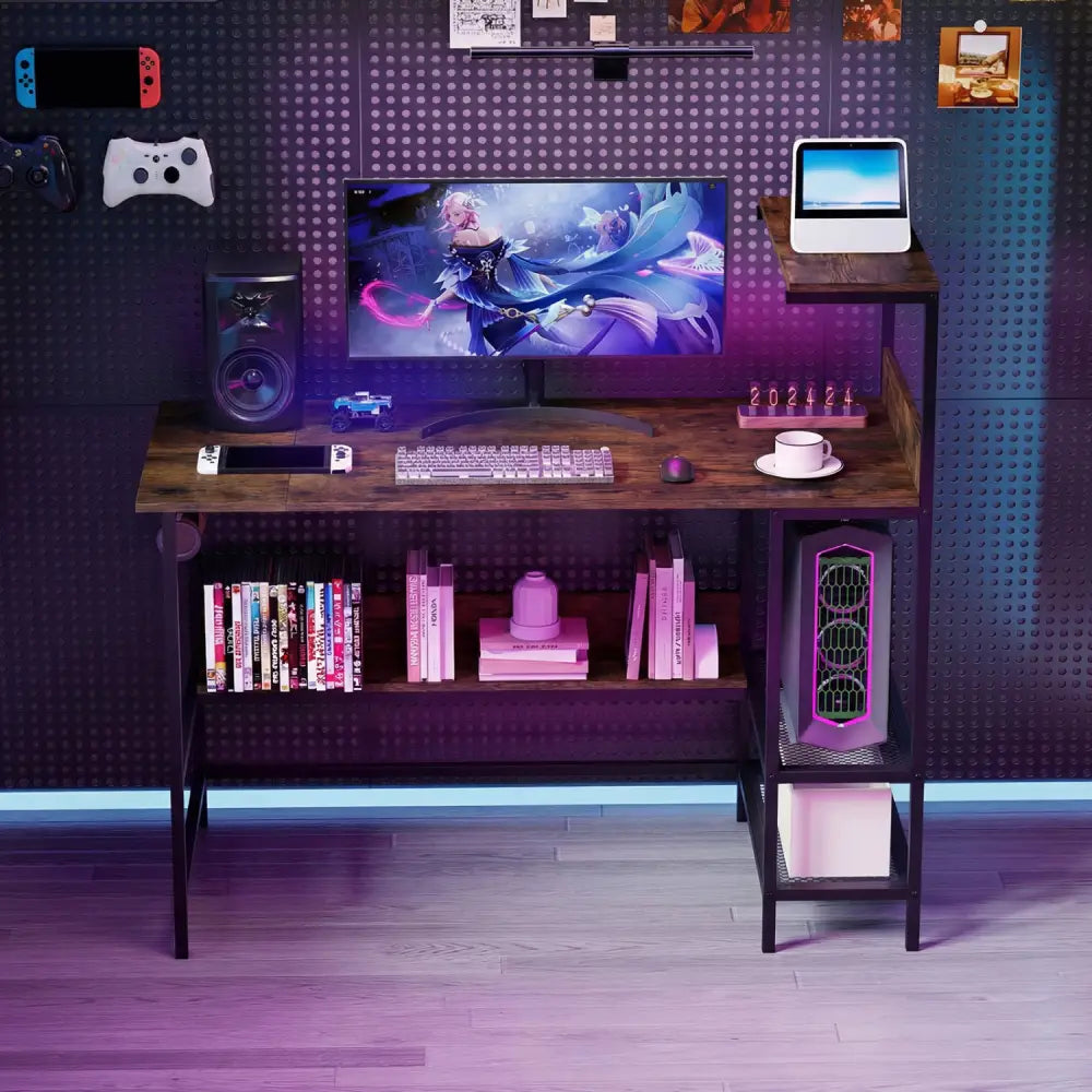 48 Inch Computer Desk with Power Outlets and Storage Shelves-Rustic Brown - Rustic Brown - Computer Desks