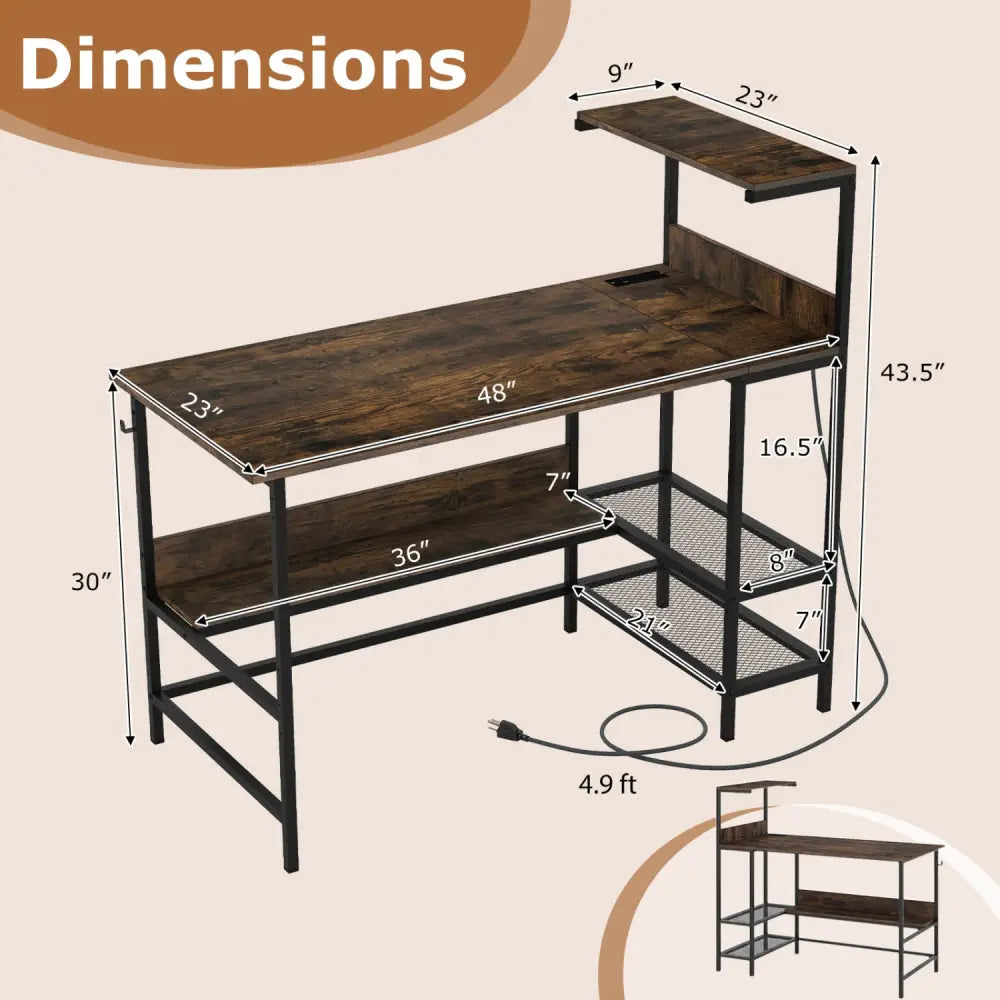 48 Inch Computer Desk with Power Outlets and Storage Shelves-Rustic Brown - Rustic Brown - Computer Desks