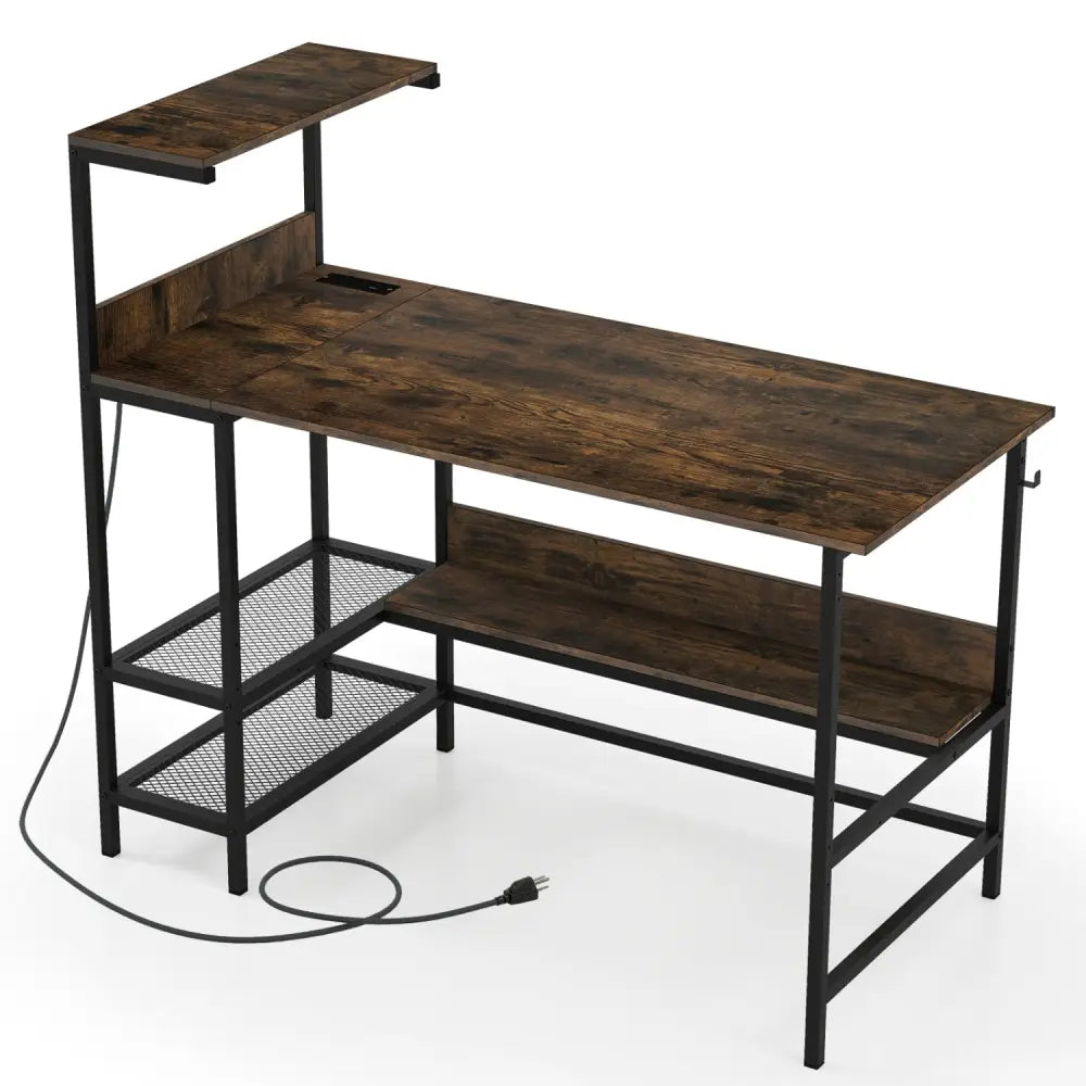 48 Inch Computer Desk with Power Outlets and Storage Shelves-Rustic Brown - Rustic Brown - Computer Desks
