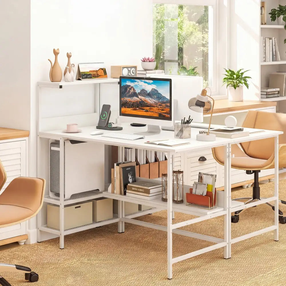48 Inch Computer Desk with Power Outlets and Storage Shelves-White - White - Computer Desks