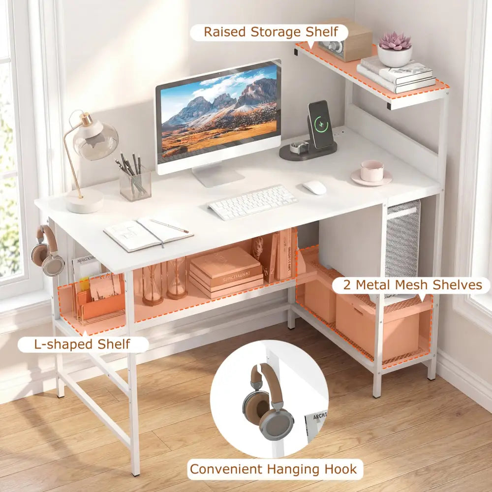 48 Inch Computer Desk with Power Outlets and Storage Shelves-White - White - Computer Desks