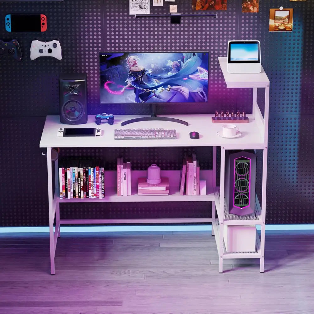 48 Inch Computer Desk with Power Outlets and Storage Shelves-White - White - Computer Desks