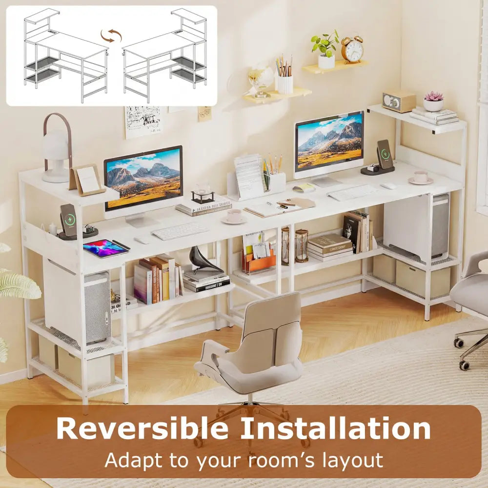 48 Inch Computer Desk with Power Outlets and Storage Shelves-White - White - Computer Desks