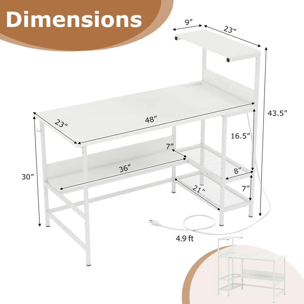 48 Inch Computer Desk with Power Outlets and Storage Shelves-White - White - Computer Desks