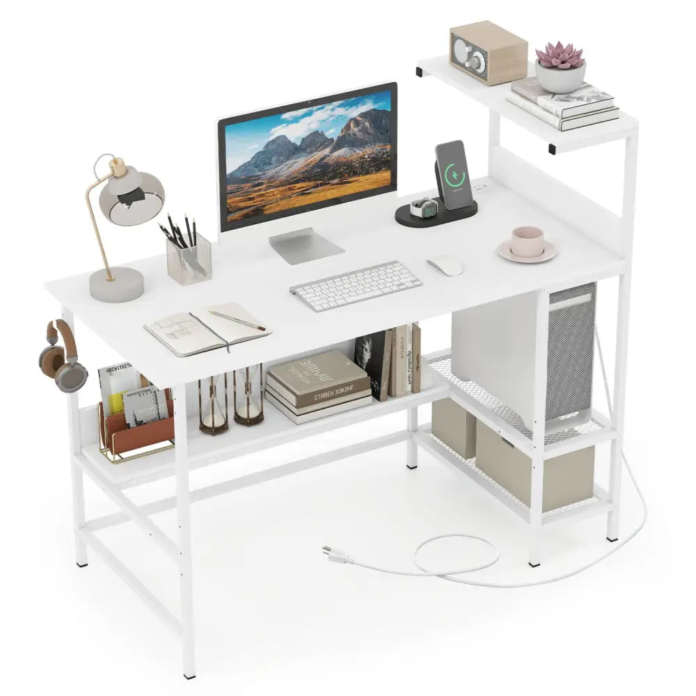 48 Inch Computer Desk with Power Outlets and Storage Shelves-White - White - Computer Desks