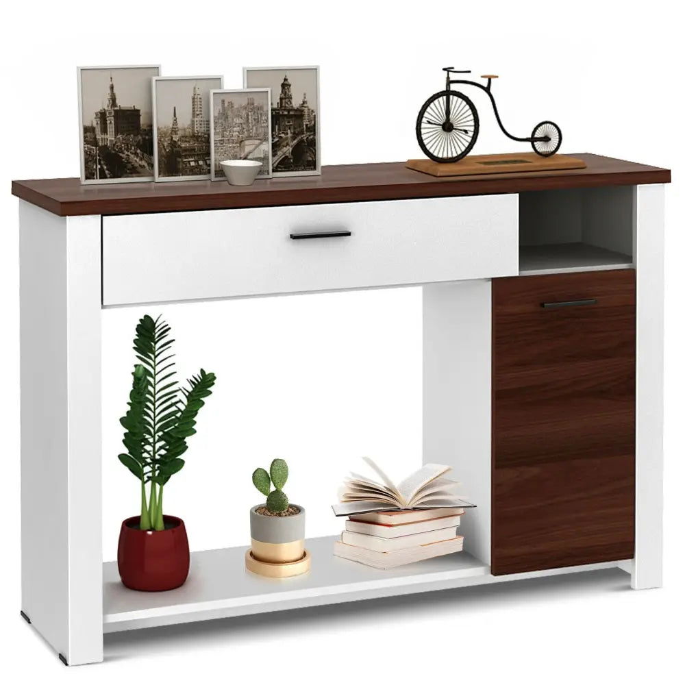 48 Inch Console Table with Drawer and Cabinet - Brown & White - Console Tables