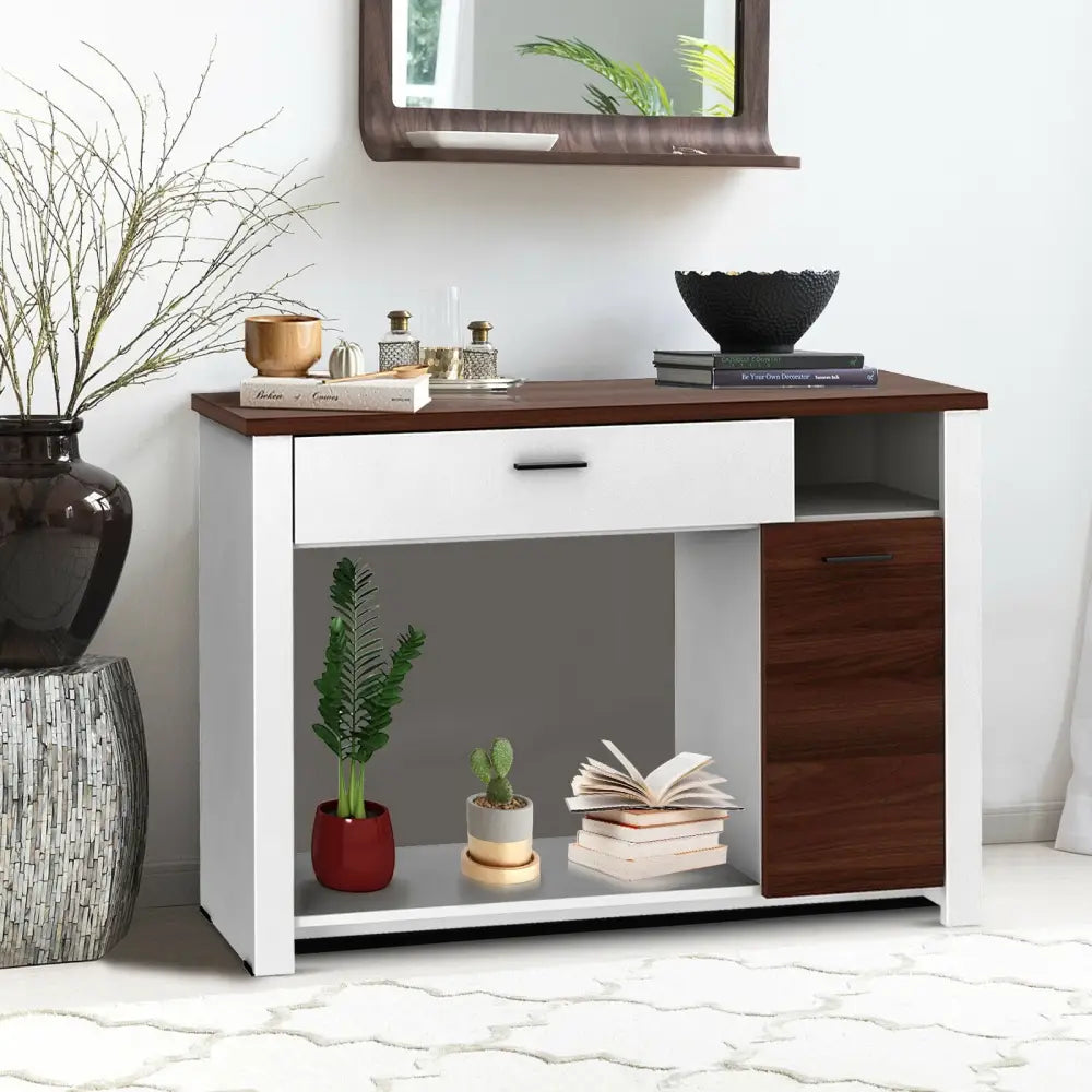 48 Inch Console Table with Drawer and Cabinet - Brown & White - Console Tables