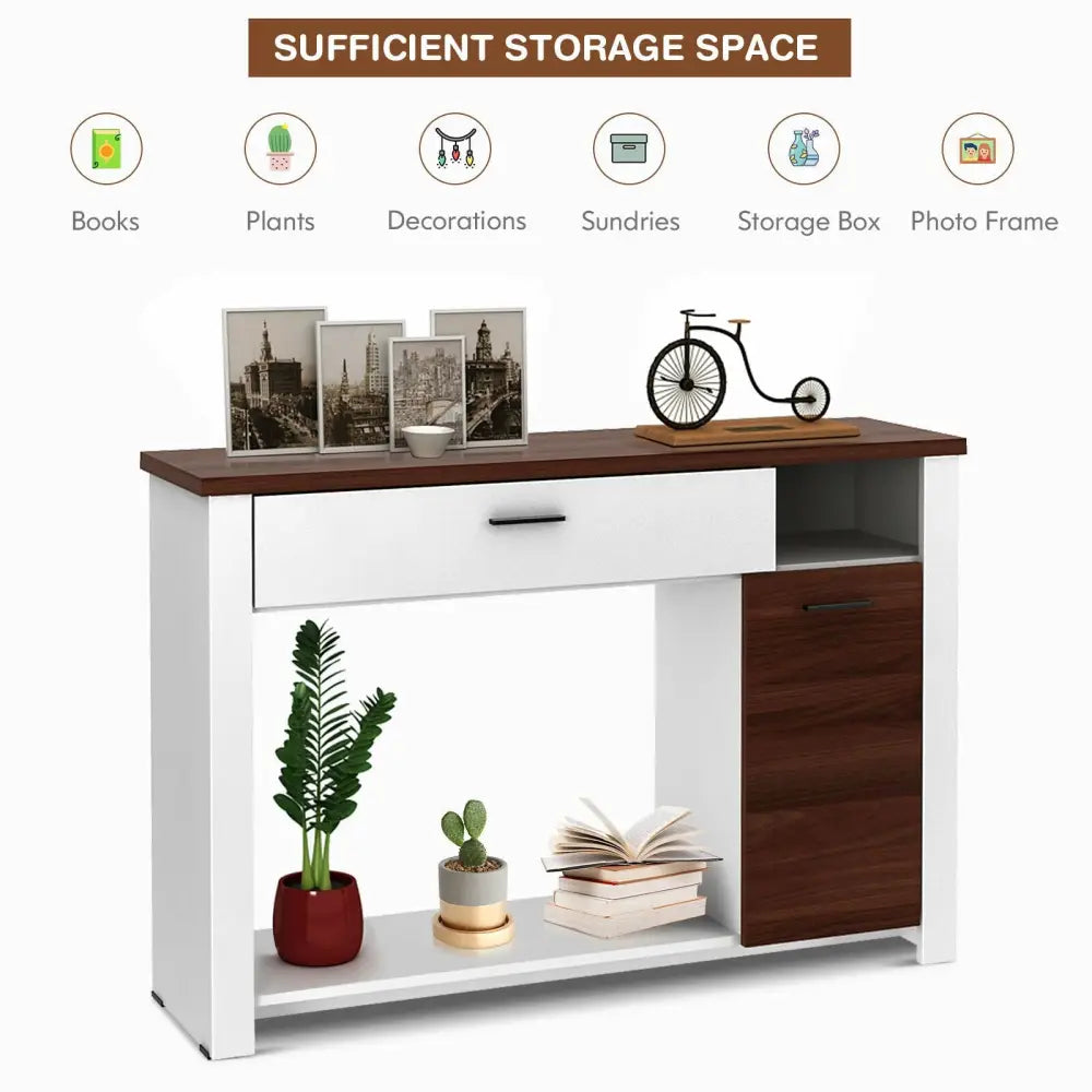 48 Inch Console Table with Drawer and Cabinet - Brown & White - Console Tables
