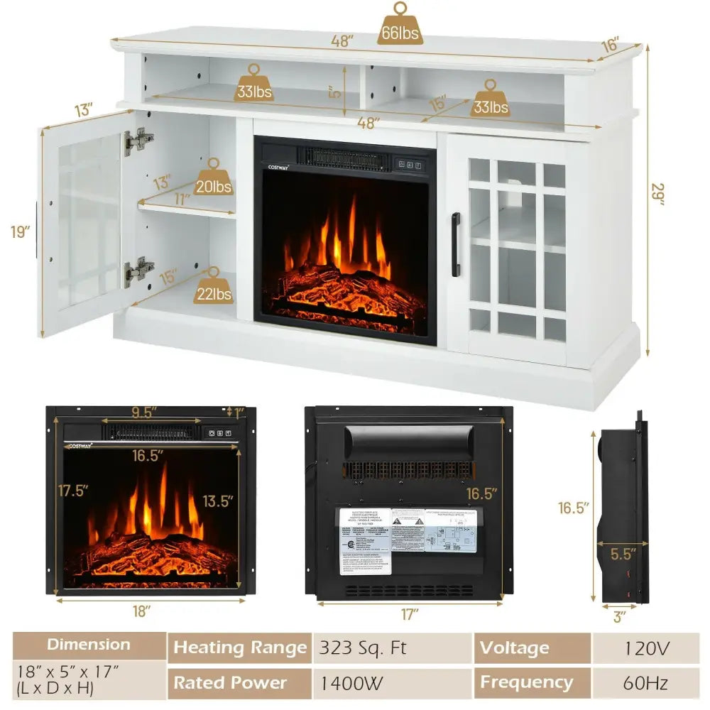 48 Inch Electric Fireplace TV Stand with Cabinets for TVs Up to 50 Inch-White - White - Entertainment Centers & TV