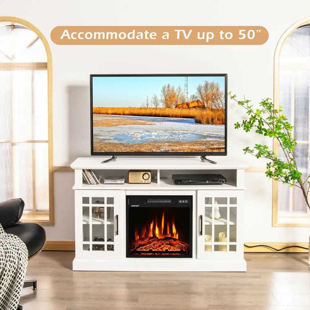 48 Inch Electric Fireplace TV Stand with Cabinets for TVs Up to 50 Inch-White - White - Entertainment Centers & TV