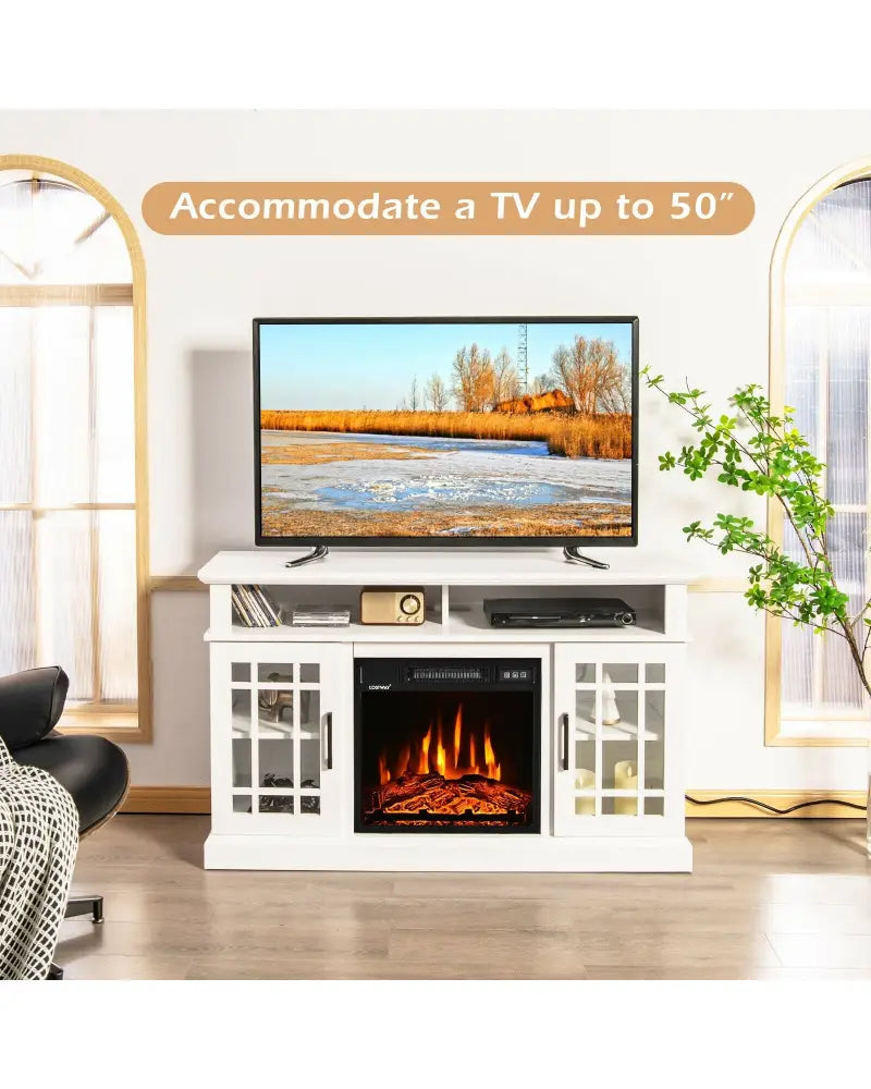 48 Inch Electric Fireplace TV Stand with Cabinets for TVs Up to 50 Inch-White - White - Entertainment Centers & TV