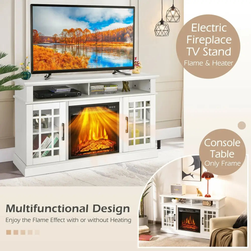 48 Inch Electric Fireplace TV Stand with Cabinets for TVs Up to 50 Inch-White - White - Entertainment Centers & TV