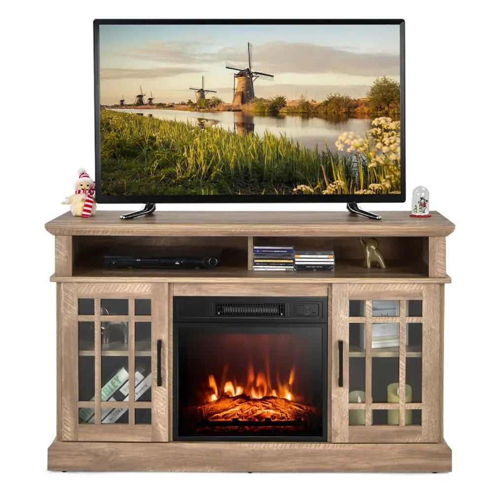48 Inch Electric Fireplace TV Stand with Cabinets for TVs Up to 55 Inch-Natural - Natural - Entertainment Centers & TV
