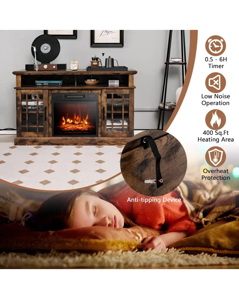 48 Inch Electric Fireplace TV Stand with Cabinets for TVs Up to 55 Inch-Brown - Brown - Entertainment Centers & TV