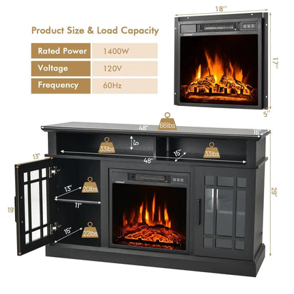 48 Inch Electric Fireplace TV Stand with Cabinets for TVs Up to 55 Inch-Black Costway