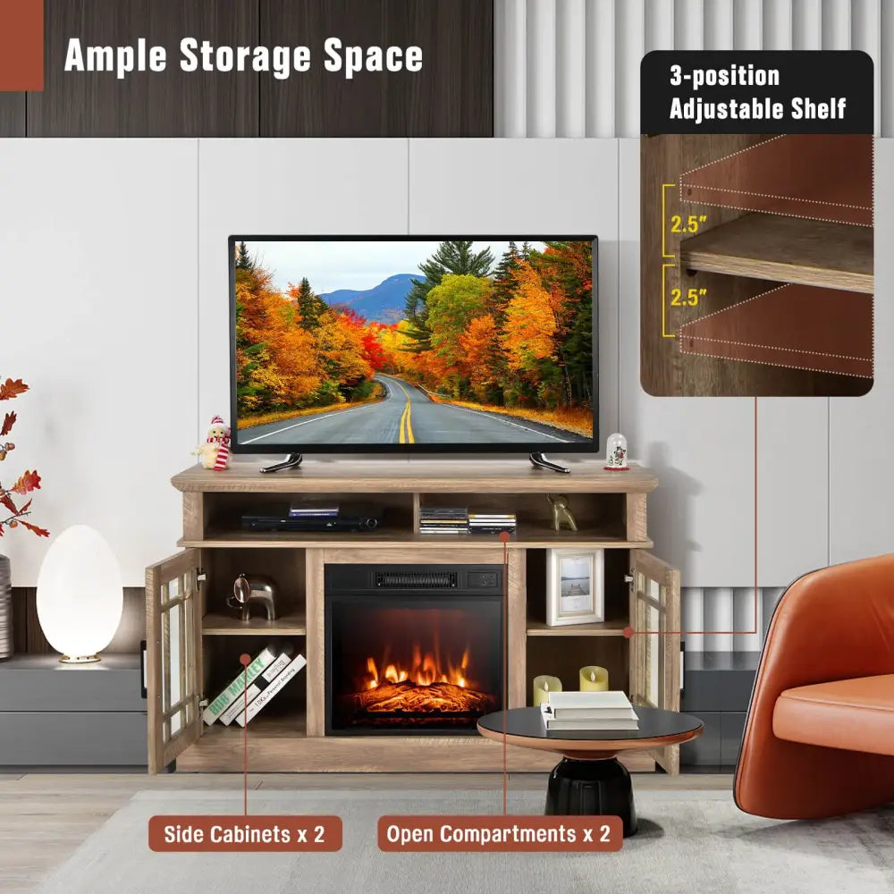 48 Inch Electric Fireplace TV Stand with Cabinets for TVs Up to 55 Inch-Natural - Natural - Entertainment Centers & TV