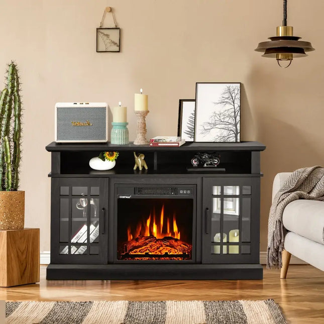 48 Inch Electric Fireplace TV Stand with Cabinets for TVs Up to 55 Inch-Black Costway