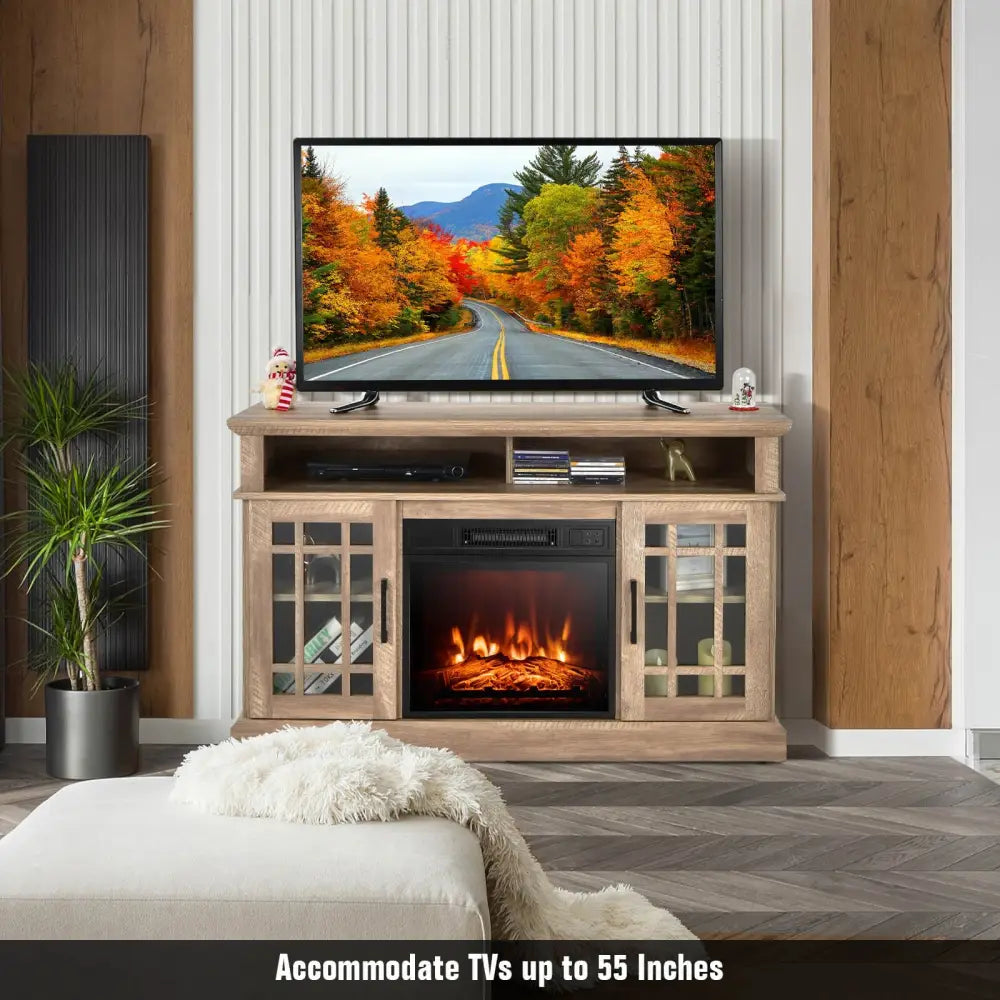 48 Inch Electric Fireplace TV Stand with Cabinets for TVs Up to 55 Inch-Natural - Natural - Entertainment Centers & TV
