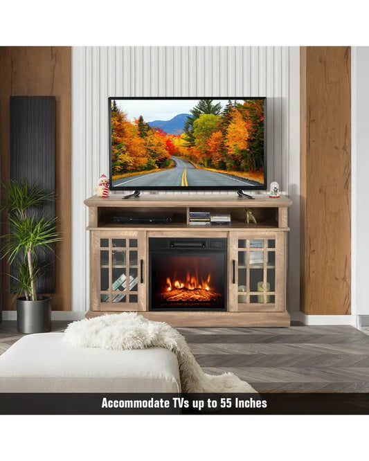 48 Inch Electric Fireplace TV Stand with Cabinets for TVs Up to 55 Inch-Natural - Natural - Entertainment Centers & TV