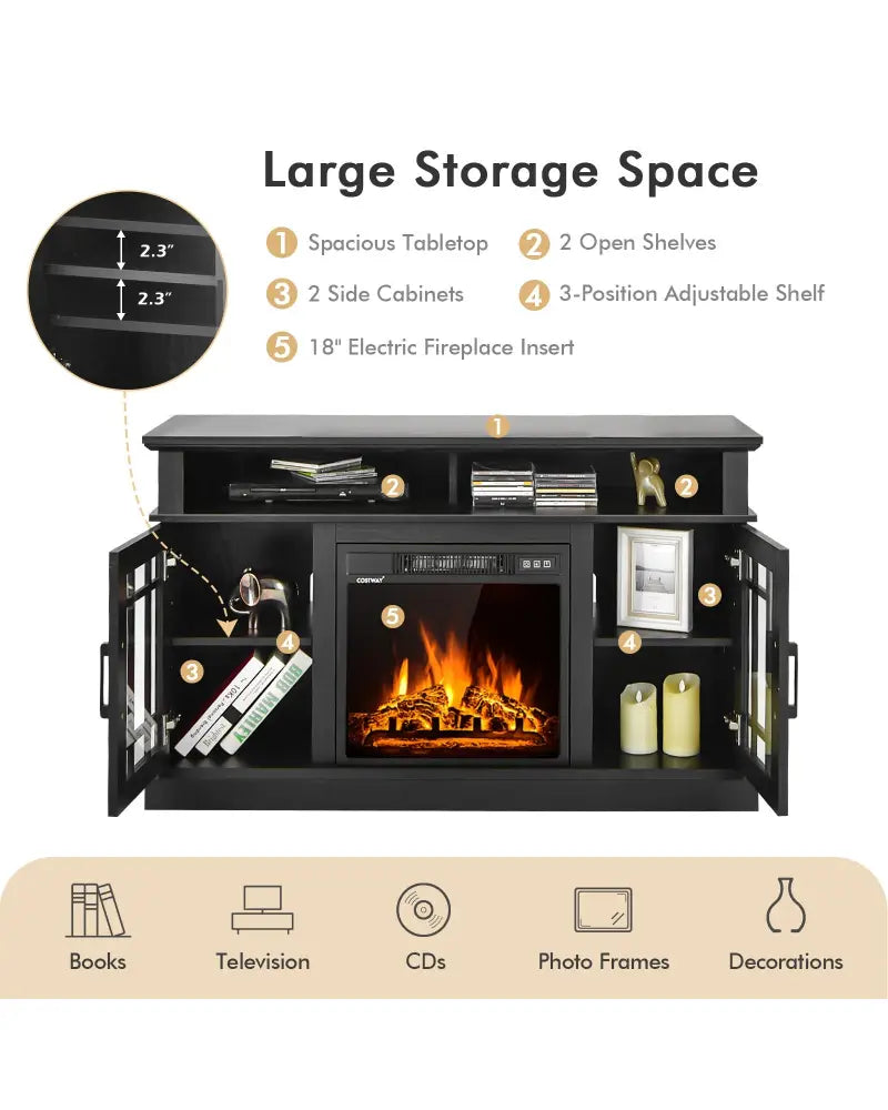 48 Inch Electric Fireplace TV Stand with Cabinets for TVs Up to 55 Inch-Black - Black - Entertainment Centers & TV