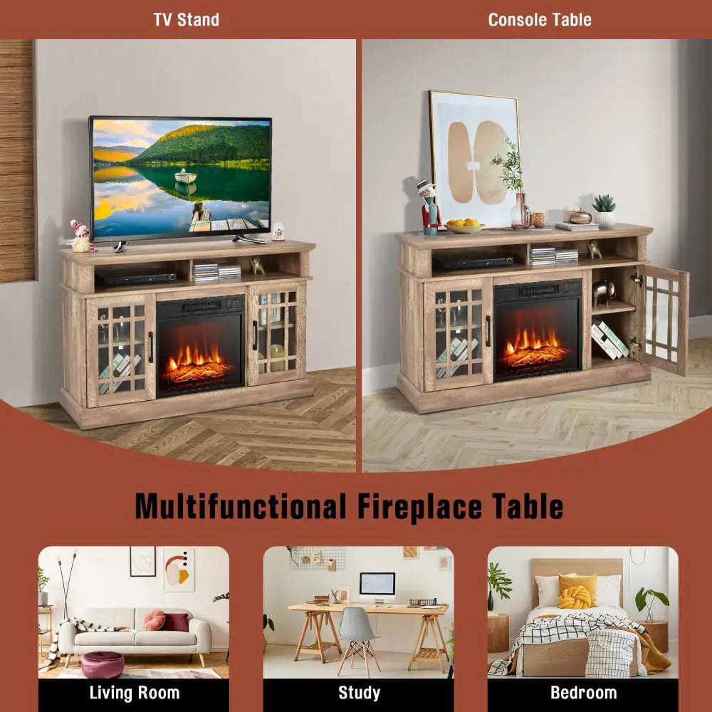 48 Inch Electric Fireplace TV Stand with Cabinets for TVs Up to 55 Inch-Natural - Natural - Entertainment Centers & TV