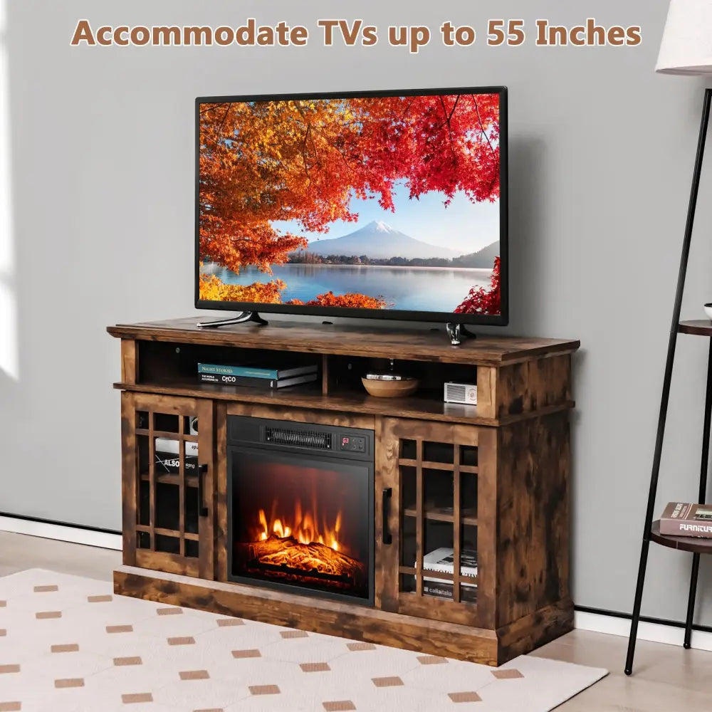 48 Inch Electric Fireplace TV Stand with Cabinets for TVs Up to 55 Inch-Brown - Brown - Entertainment Centers & TV