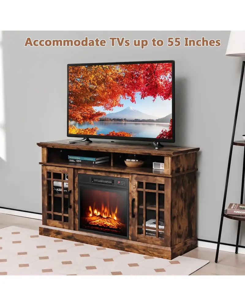 48 Inch Electric Fireplace TV Stand with Cabinets for TVs Up to 55 Inch-Brown - Brown - Entertainment Centers & TV