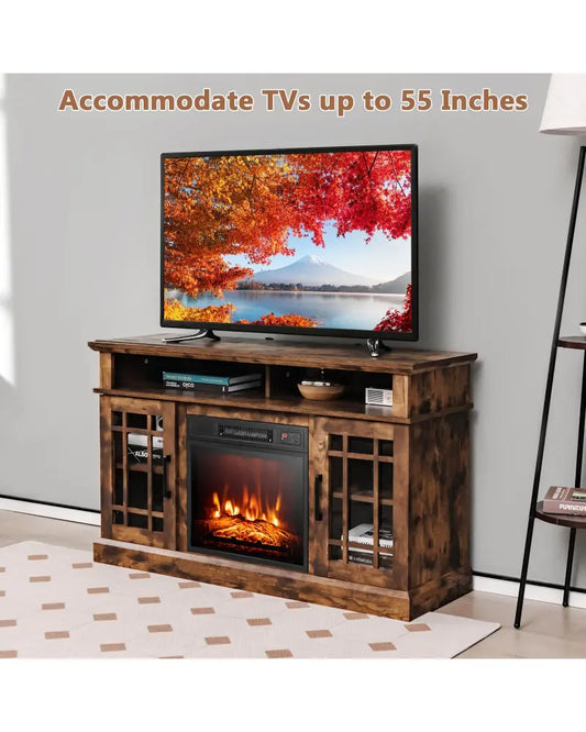 48 Inch Electric Fireplace TV Stand with Cabinets for TVs Up to 55 Inch-Brown - Brown - Entertainment Centers & TV