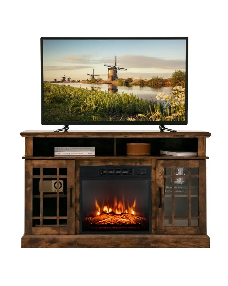 48 Inch Electric Fireplace TV Stand with Cabinets for TVs Up to 55 Inch-Brown - Brown - Entertainment Centers & TV