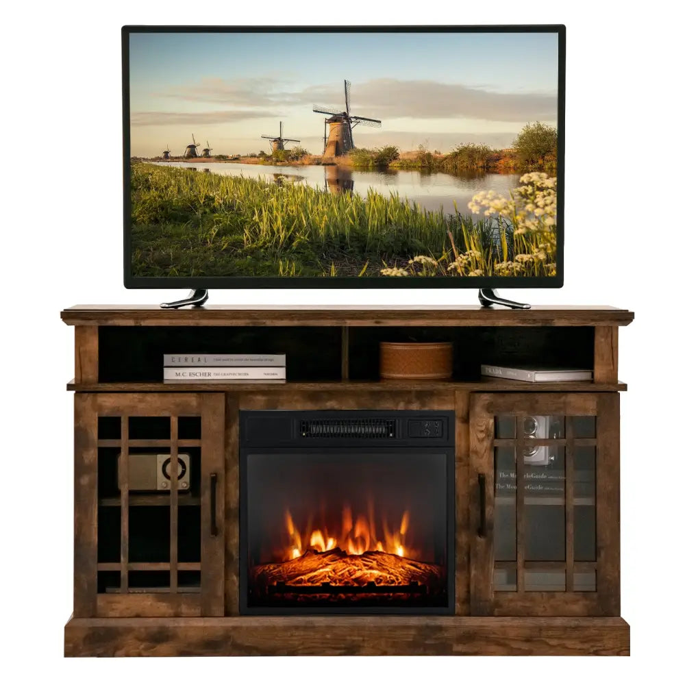 48 Inch Electric Fireplace TV Stand with Cabinets for TVs Up to 55 Inch-Brown - Brown - Entertainment Centers & TV