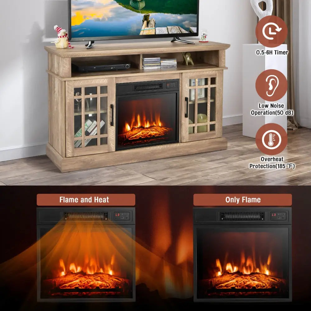 48 Inch Electric Fireplace TV Stand with Cabinets for TVs Up to 55 Inch-Natural - Natural - Entertainment Centers & TV