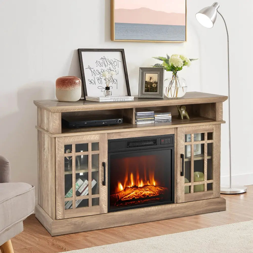 48 Inch Electric Fireplace TV Stand with Cabinets for TVs Up to 55 Inch-Natural - Natural - Entertainment Centers & TV