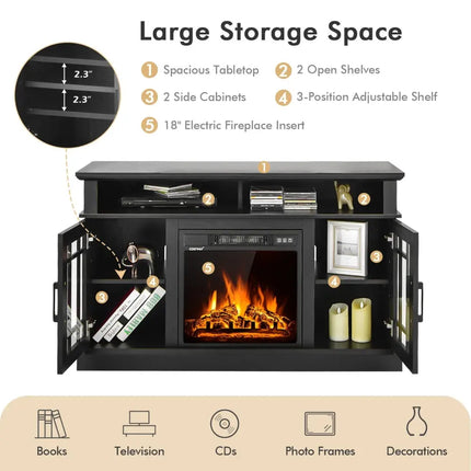 48 Inch Electric Fireplace TV Stand with Cabinets for TVs Up to 55 Inch-Black Costway