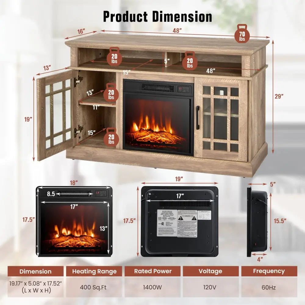 48 Inch Electric Fireplace TV Stand with Cabinets for TVs Up to 55 Inch-Natural - Natural - Entertainment Centers & TV