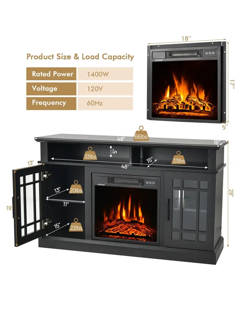 48 Inch Electric Fireplace TV Stand with Cabinets for TVs Up to 55 Inch-Black - Black - Entertainment Centers & TV