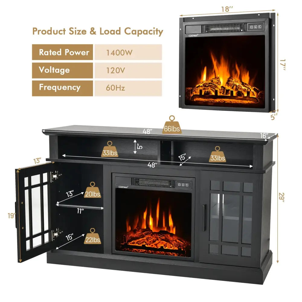 48 Inch Electric Fireplace TV Stand with Cabinets for TVs Up to 55 Inch-Black - Black - Entertainment Centers & TV