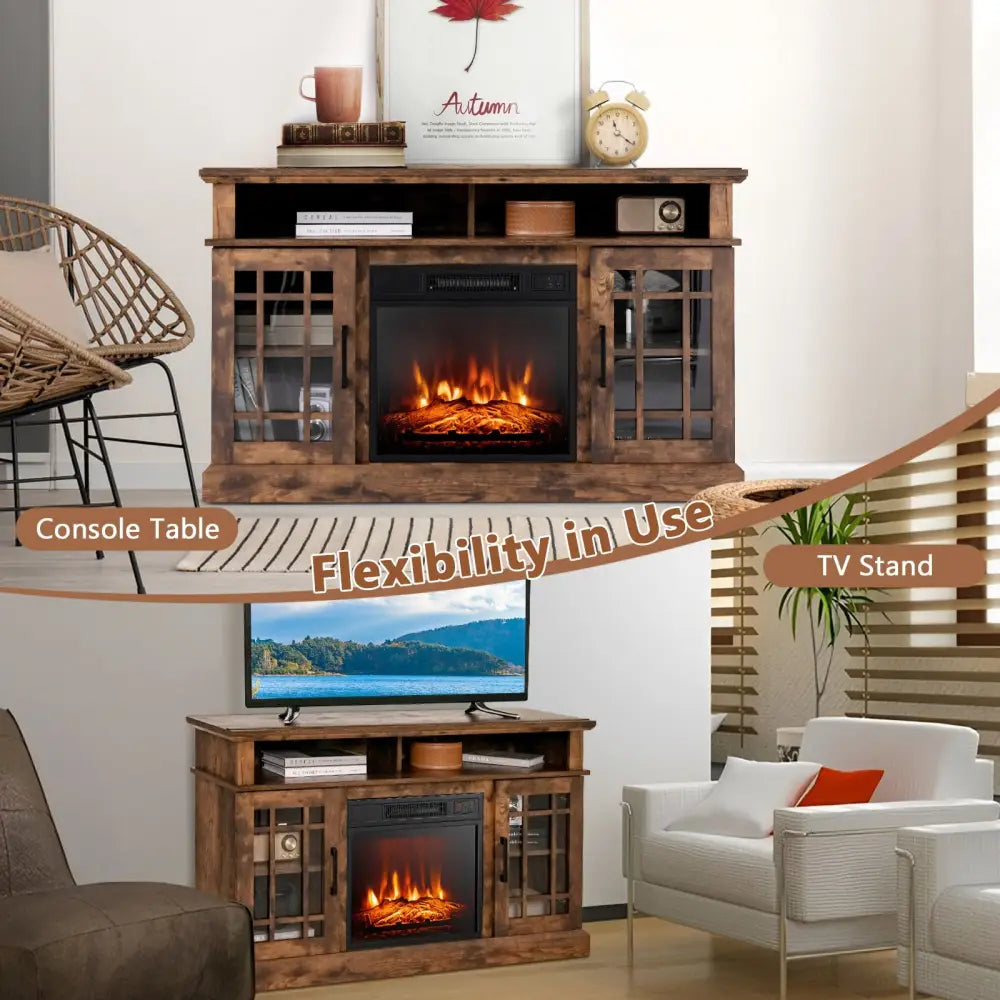 48 Inch Electric Fireplace TV Stand with Cabinets for TVs Up to 55 Inch-Brown - Brown - Entertainment Centers & TV